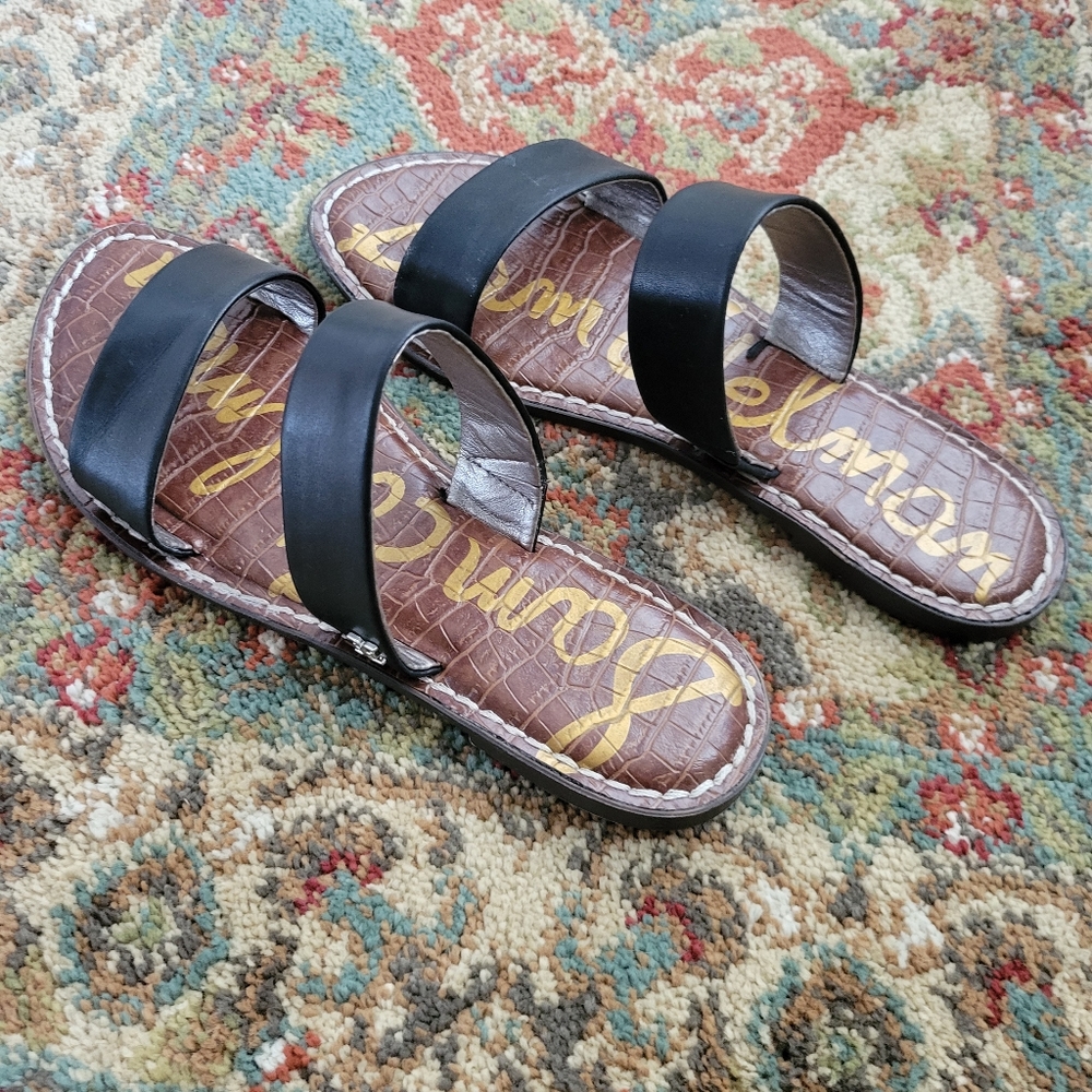 Sam Edelman Gala Women's Black Leather 2 Strap flat Slip On Sandals Size 7.5M
